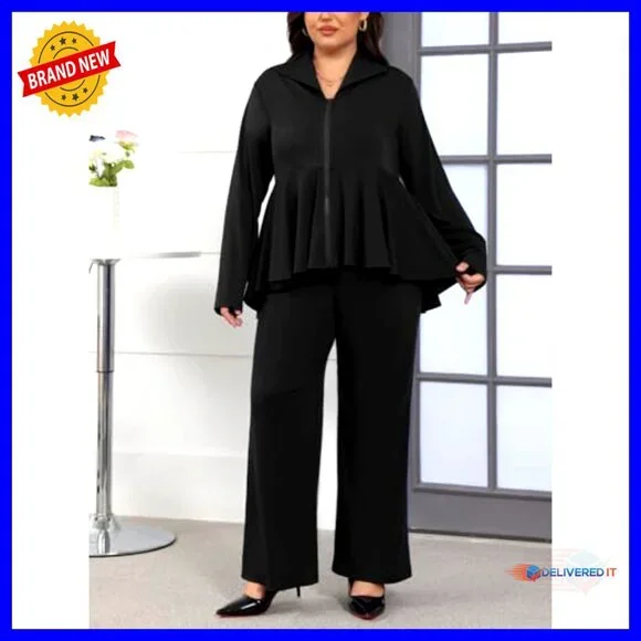 Plus Size Two Piece Set Zip Up Peplum Jacket Wide Leg Pant Suits - Picture 3 of 7